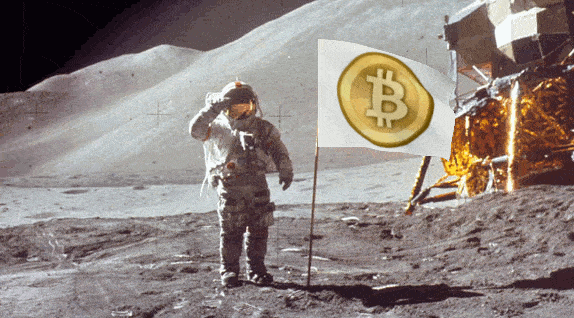 The animated GIF picture depicts an astronaut on the Moon. There is an animated Bitcoin flag on the moon, next to an Apollo astronaut. The picture is an altered and animated version of the famous Apollo moon landing picture. Under the picture is the list of bitcoin accepting online casinos with the ir latest bitcoin bonuses.