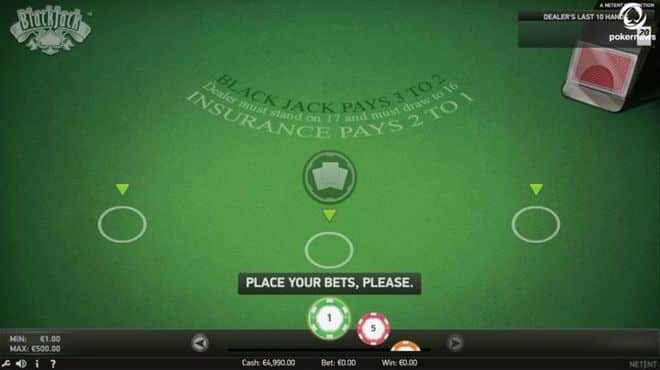 This a screencap of the Net Ent card game Blackjack Single Deck Touch for mobile devices and PC released in 2019.