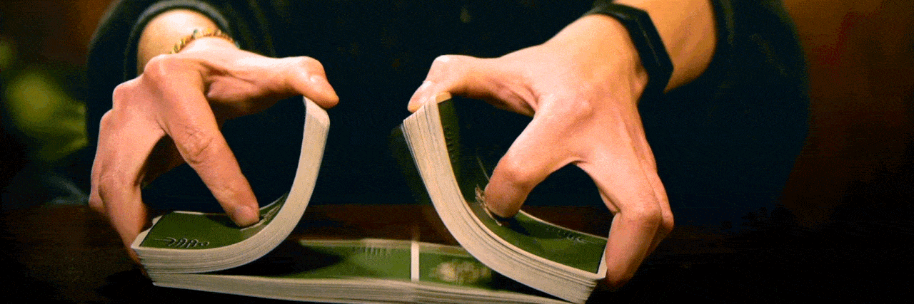 This is an animated GIF of a deck of playing cards (standard deck, 52 cards) being shuffled by a human hand. Under the picture you can find a tutorial, how to, step by step guide on shuffle tracking strategies, techniques and methods. 