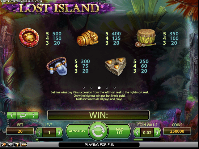The picture shows you the paytable and the winning combinations of the Lost Island online slot