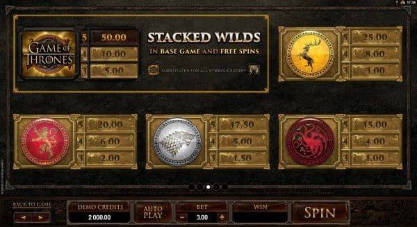The picture shows you the paytable and the winning combination of the Game of Thrones online slot game