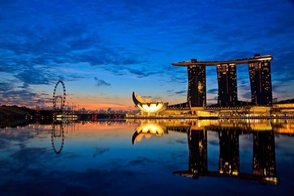 This is a picture of the largest casino in Singapore, the Marina Sands Bay Hotel and Casino Resort.