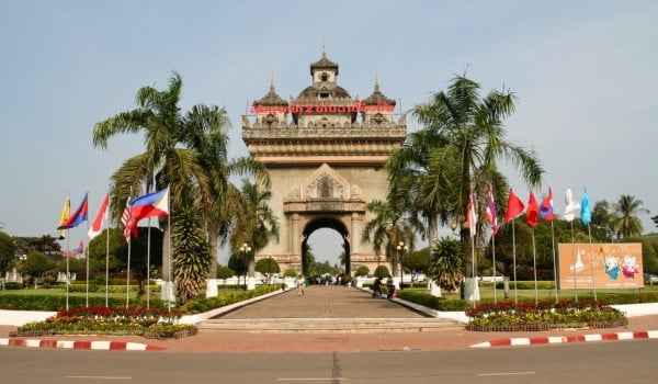 Picture of the Patuxai or Victory Gate located in the capital city of Laos, Vientiane. Gambling in Laos is considered illegal outside the special economic zones.