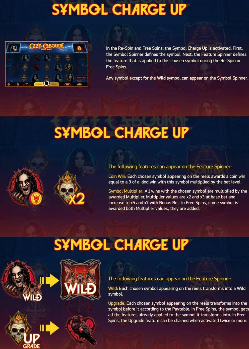 This is a screencap from the Ozzy Osbourne slot game. This explains and also shows in action the so called symbol chargeup feature, which you have to use to win the jackpot. 