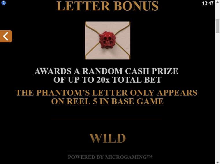 This is a screenshot from the Phantom of the Opera slot explaining the in-game letter bonus.