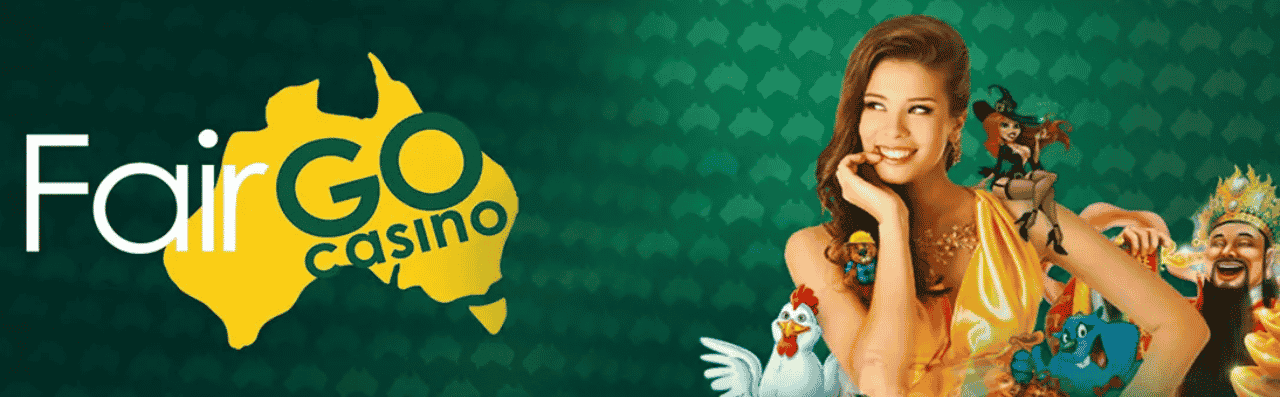 This is the official logo of Fair Go online casino. The picture consists of a yellow shape in the form of the Australian continent and the name of the casino: "Fair GO casino" on the left side, and the right side of the picture is populated with various mascots of casino games and a stock photo of a woman. You can read the detailed review of Fair Go casino under the picture.